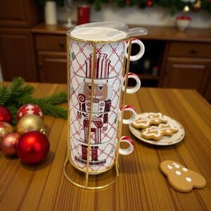 Festive Nutcracker Stackable Mug Set with Gold Stand
